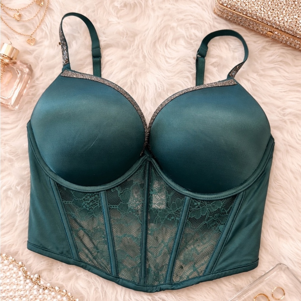 Victoria’s Secret Bombshell Push-Up Longline Bra 36D Green Lace Bustier